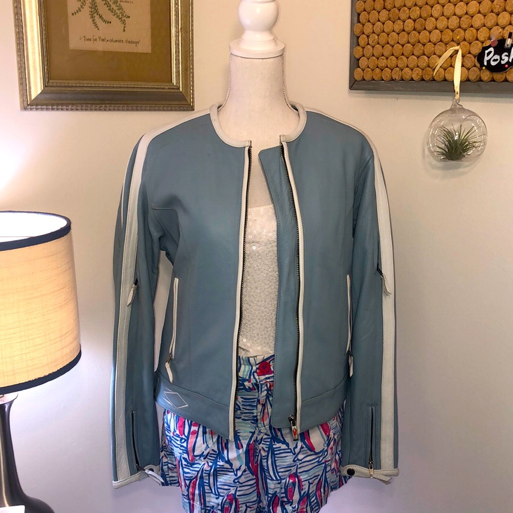 Power Trip Leather Motorcycle Jacket in Baby Blue SzM